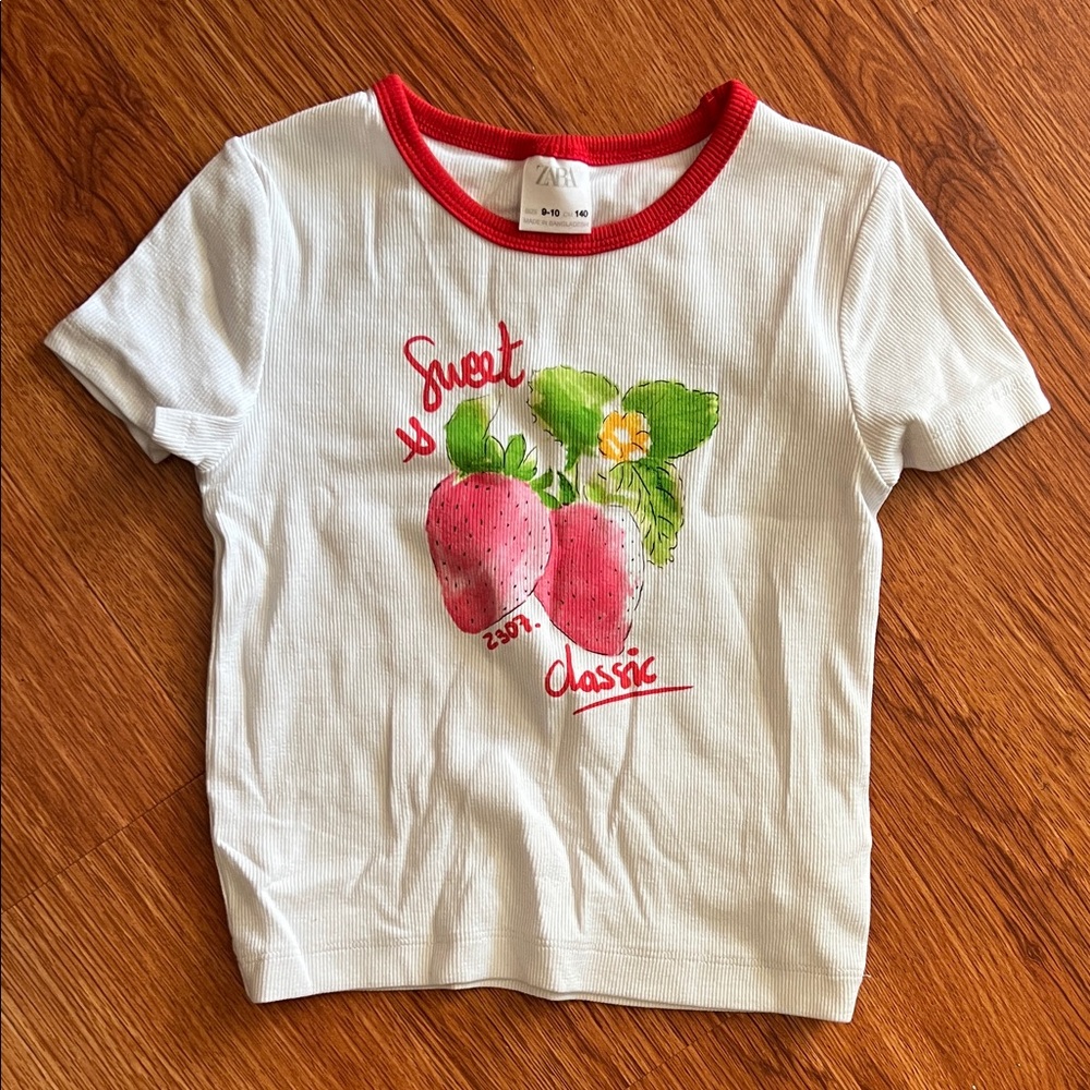 Zara Classic White Tee with Red Accents and Strawberry Design